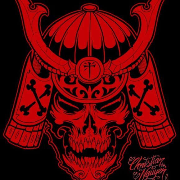 Samurai Skull Men's Custom Tattoo Art Black & Red Tee S-M-L-XL-2XL NWT - Picture 3 of 5